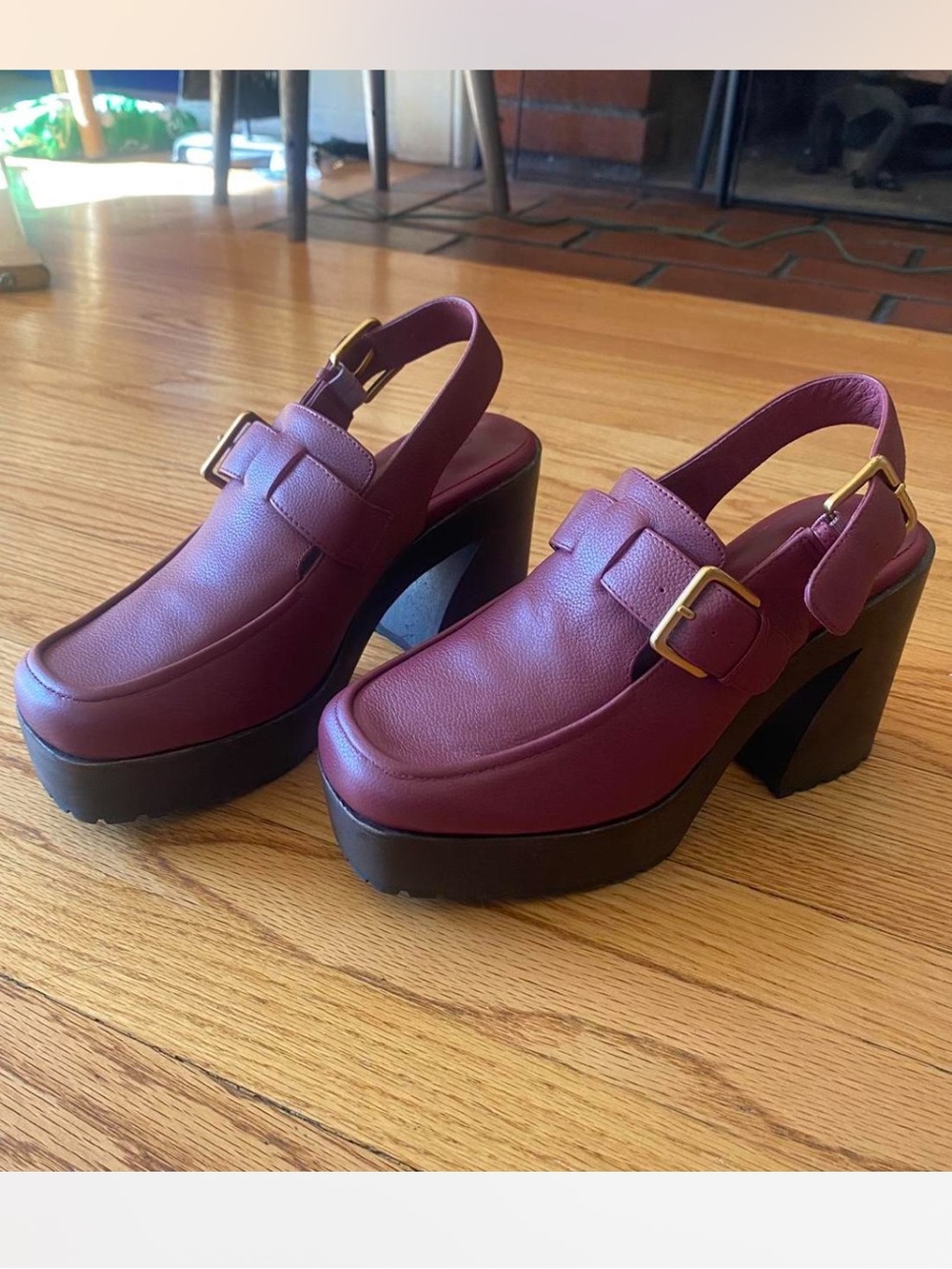 Charlotte Stone Burgundy Platform Mule Heels with Gold Buckles - Picture 3 of 5